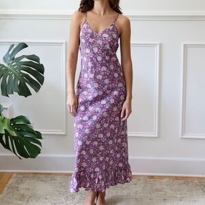 NEW Mille Resort Slip Dress Floral Roma Ruffle Hem Midi‎ Dress Purple Size S